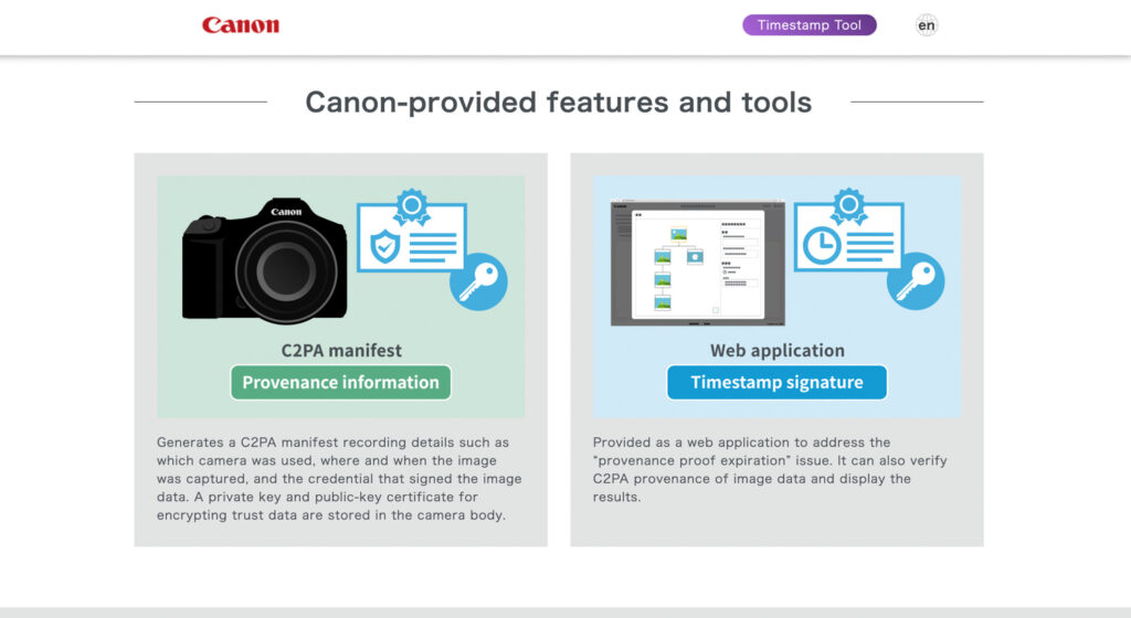 Canon, Timestamp Tool and C2PA manifest