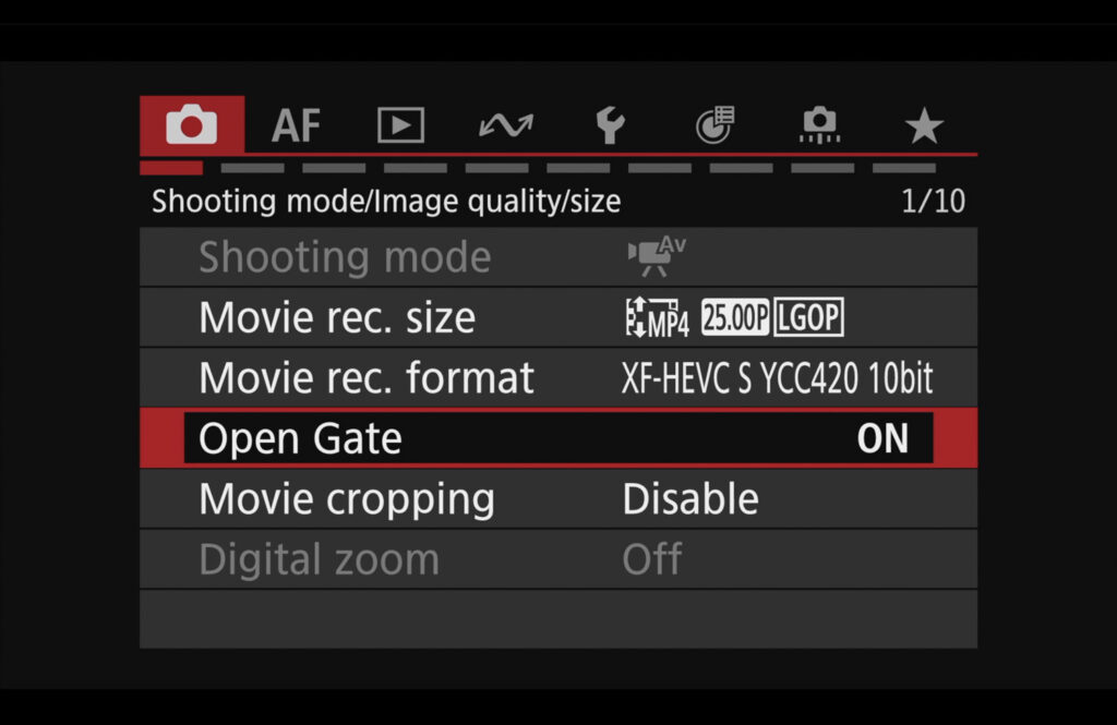Canon R6 V - open gate setting in menu